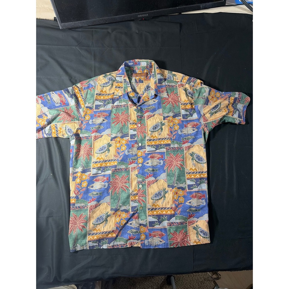 Tori Richard Mens Large Cotton‎ Lawn Hawaiian Shirt Sea Turtle Fish Palm Tree L